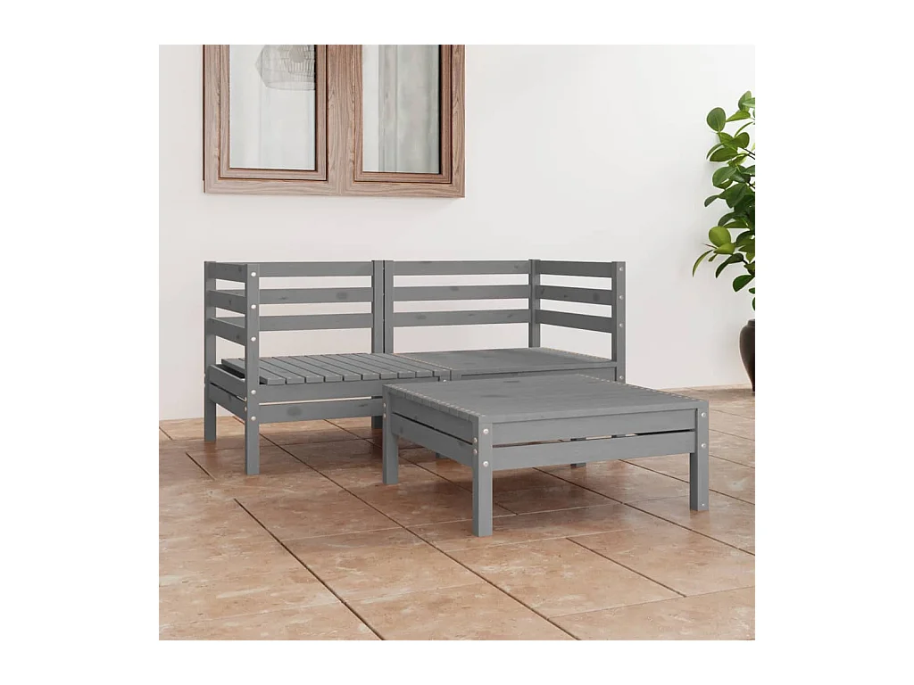 Set Divani da Giardino 3 pz Grigio in Legno Massello di Pino