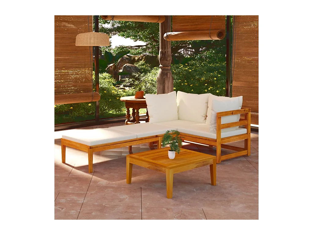 Set Divani Giardino 3 pz Cuscini Bianco Crema in Legno d'Acacia