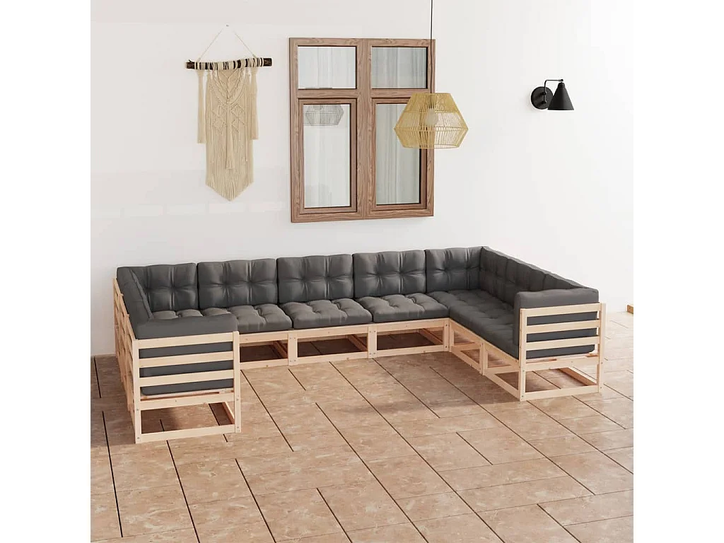 Salon de jardin 9 pcs avec coussins Bois de pin massif
