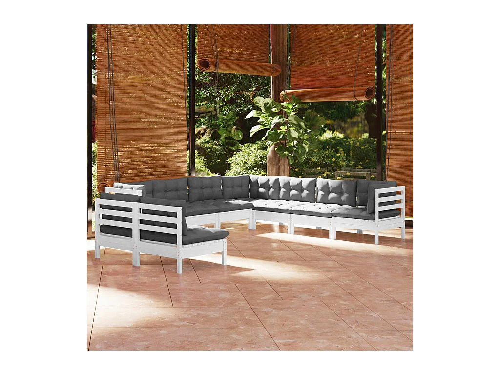 Salon de jardin 9 pcs avec coussins blanc bois de pin massif