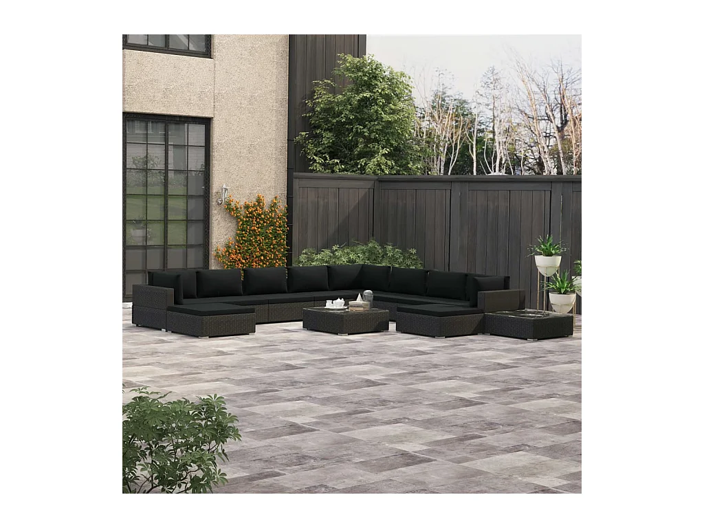 Salon de jardin 12 pcs avec coussins résine tressée noir