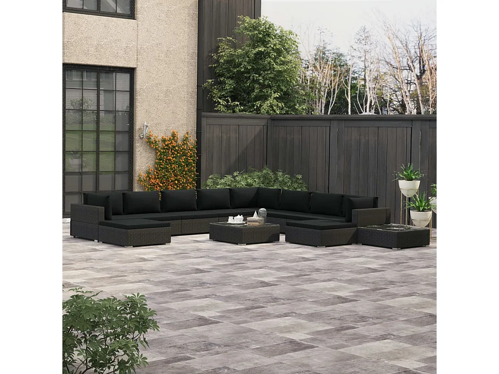 Salon de jardin 12 pcs avec coussins résine tressée noir