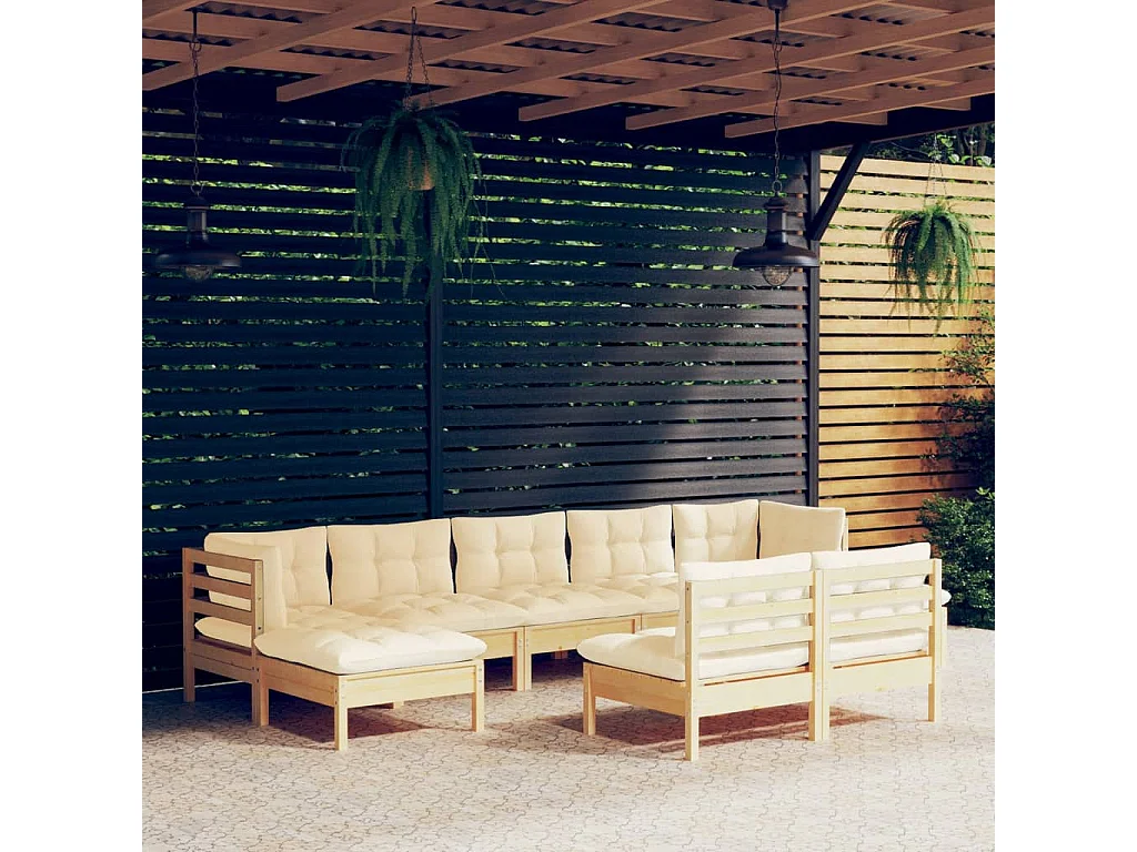 Set Salotto da Giardino 9 pz con Cuscini Crema in Legno di Pino