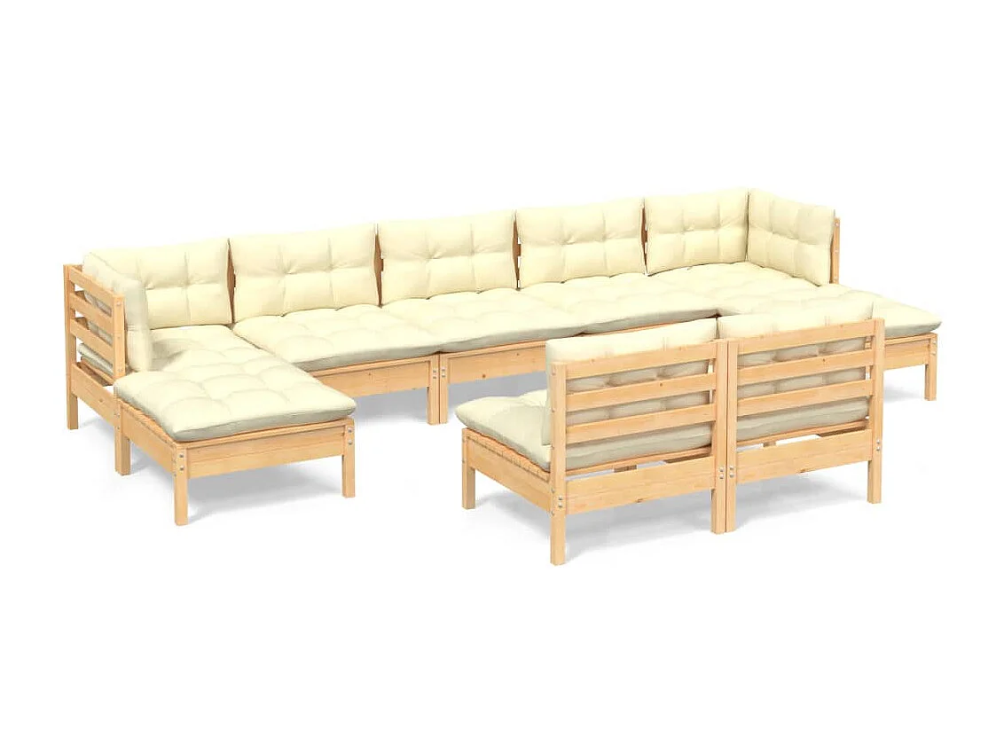 Set Salotto da Giardino 9 pz con Cuscini Crema in Legno di Pino