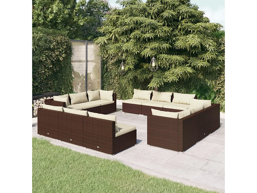 Salon de jardin 12 pcs avec coussins Résine tressée Marron