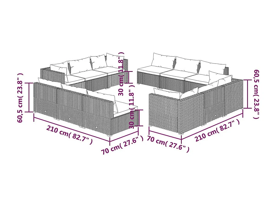 Salon de jardin 12 pcs avec coussins Résine tressée Marron