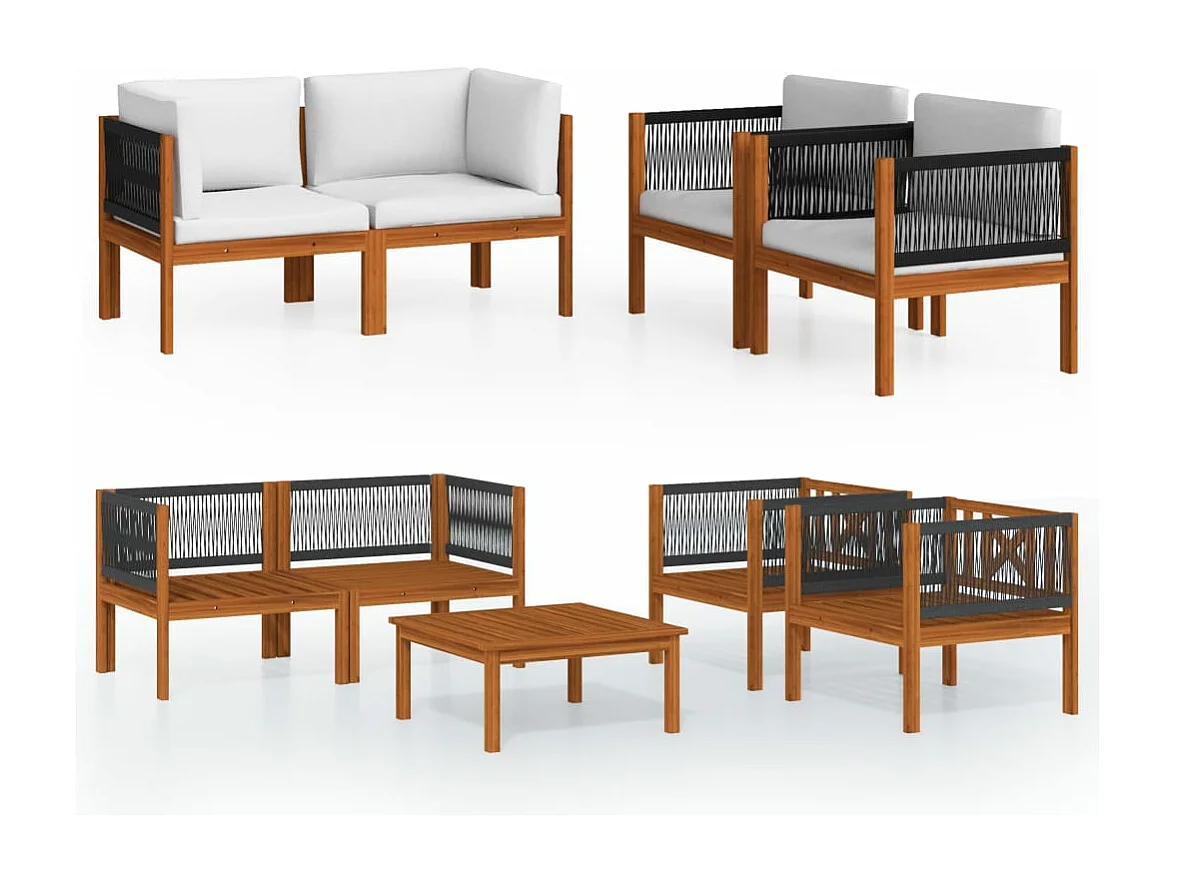 5-tlg. Garten-Lounge-Set mit Kissen Cremefarbenes Holz Akazie & Seil