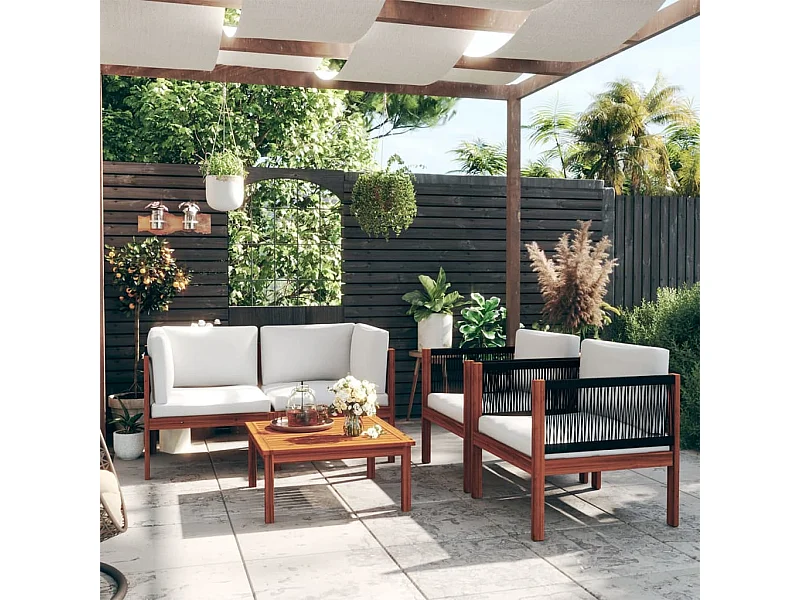 5-delige tuinloungeset met kussens crèmekleurig acaciahout en touw