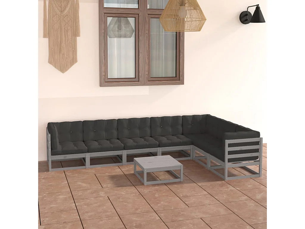 8-tlg. Garten-Lounge-Set mit Kissen Grau Massivholz Kiefer