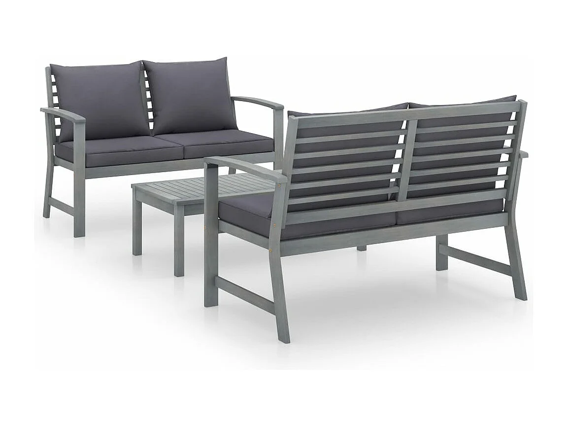 3 pcs conj. lounge jardim c/ almofadões acácia maciça cinzento