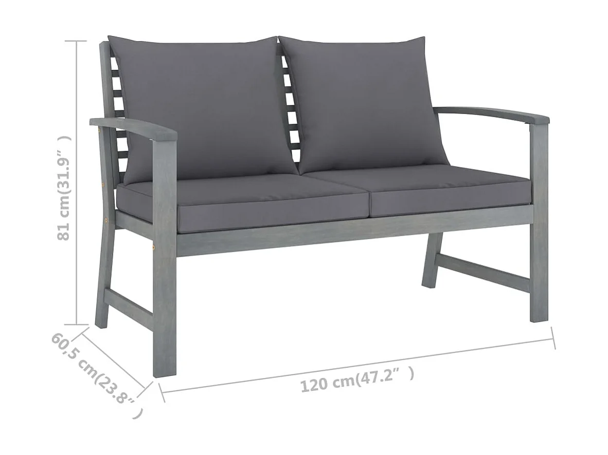 3 pcs conj. lounge jardim c/ almofadões acácia maciça cinzento