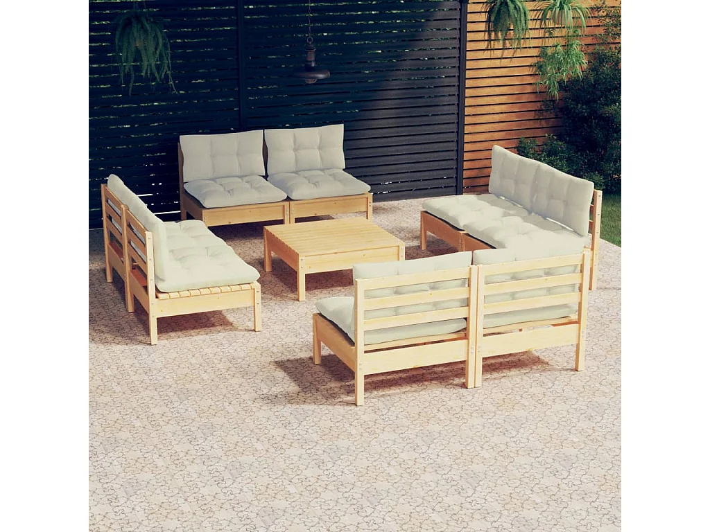Salon de jardin 9 pcs avec coussins crème bois de pin