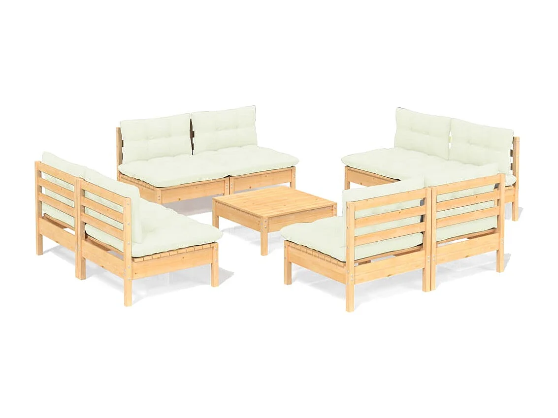 Salon de jardin 9 pcs avec coussins crème bois de pin