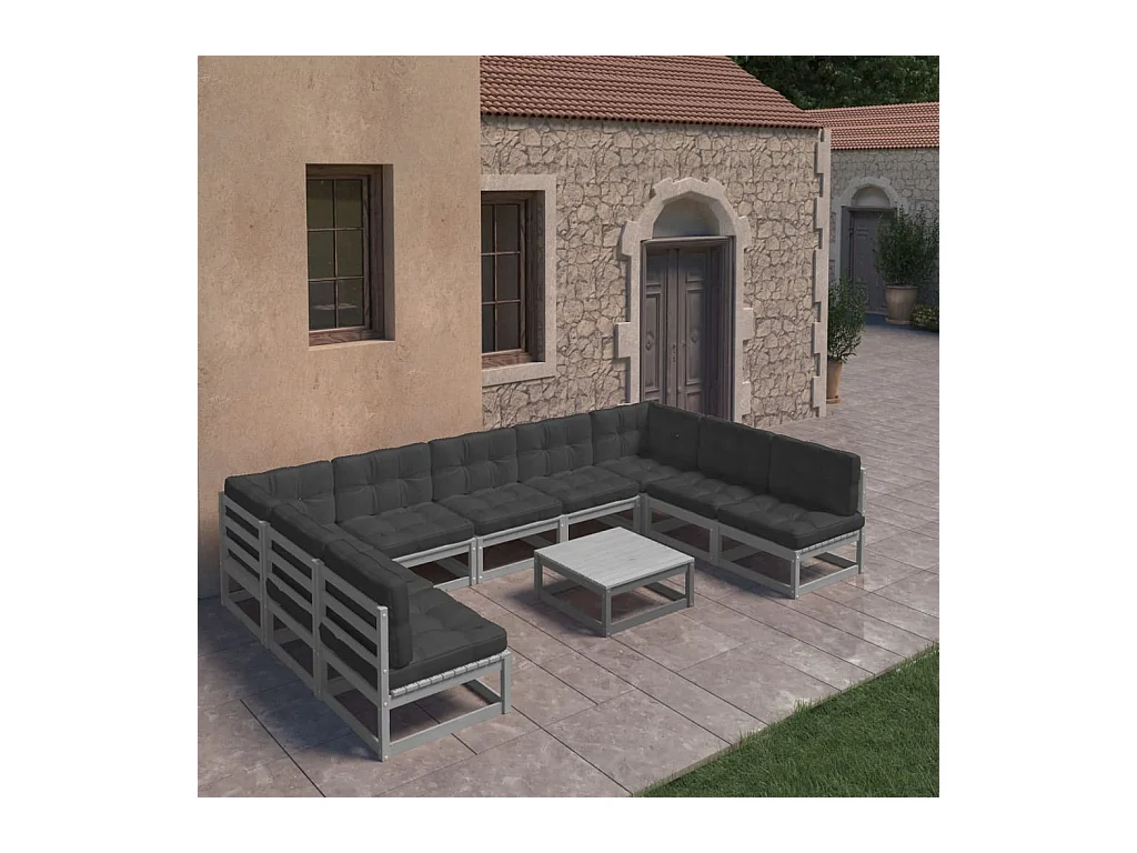 Salon de jardin 10 pcs avec coussins Gris Bois de pin massif