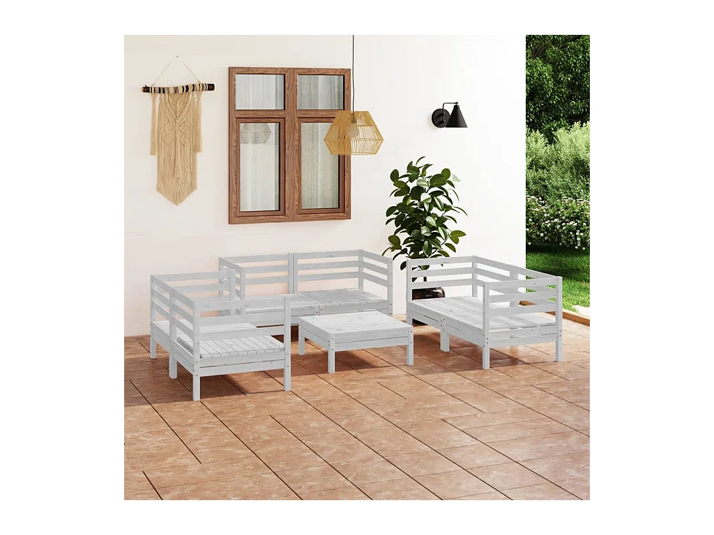 Salon de jardin 7 pcs Blanc Bois de pin massif