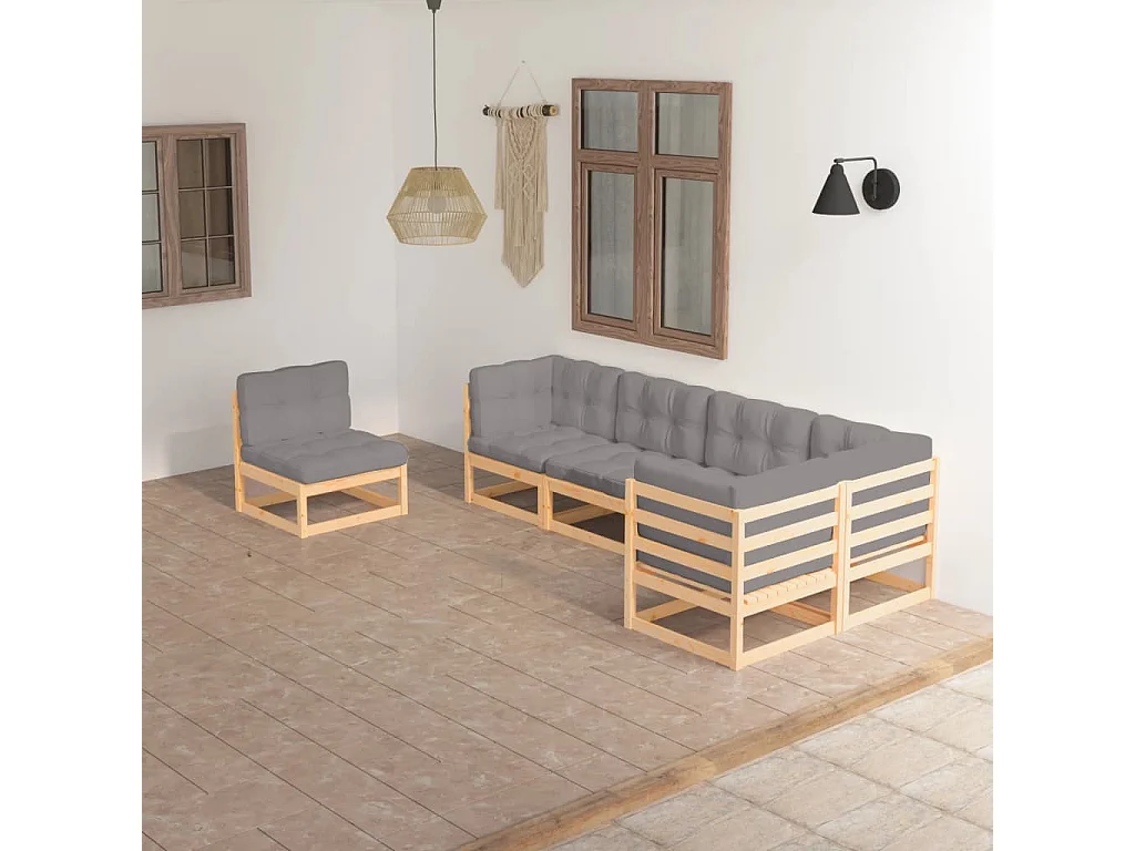 Salon de jardin 6 pcs avec coussins Bois de pin massif