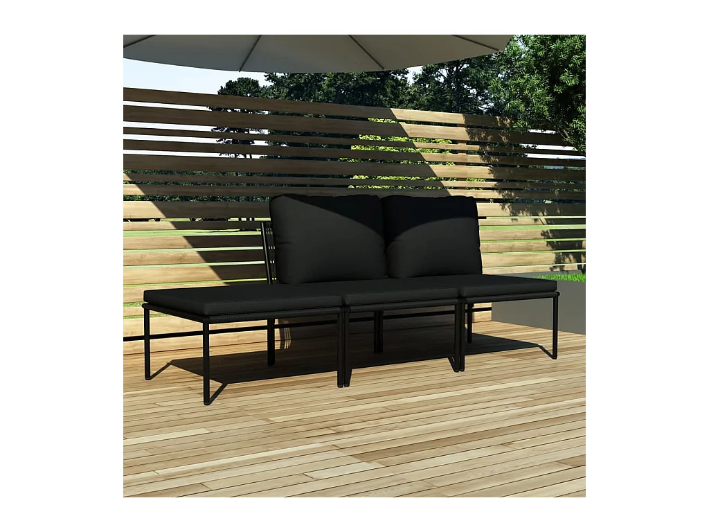 Juego de muebles de jardín 3 piezas con cojines PVC negro