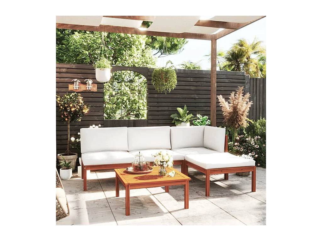 Set da giardino 5 pezzi con cuscini in legno crema, acacia e corda
