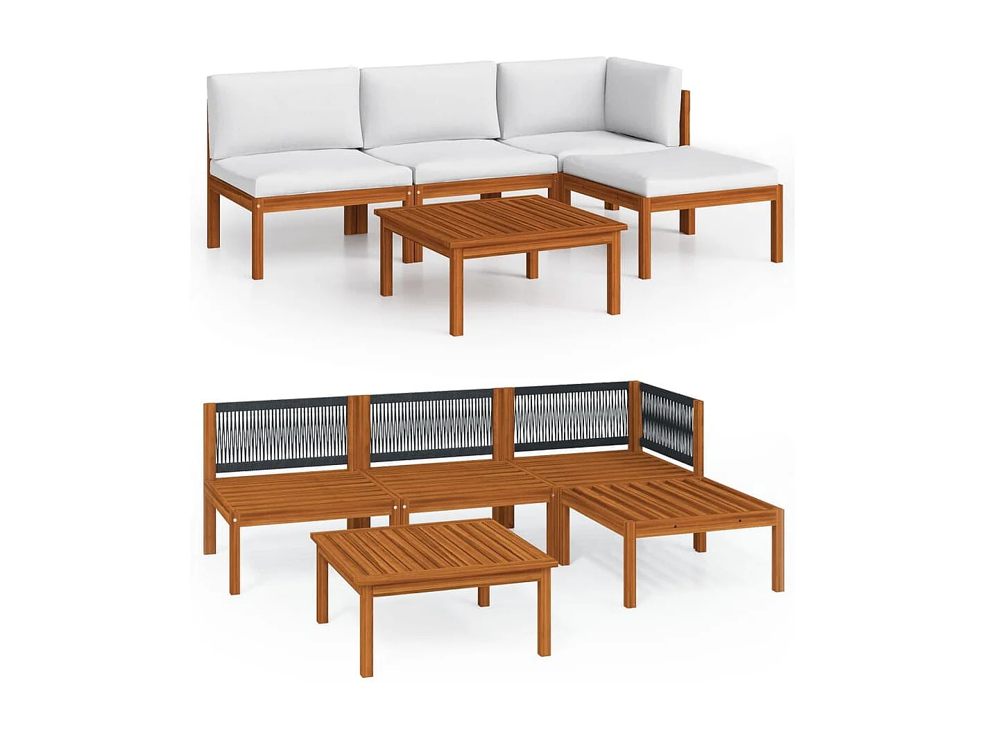 Salon de jardin 5 pièces avec coussins, bois d'acacia crème et corde