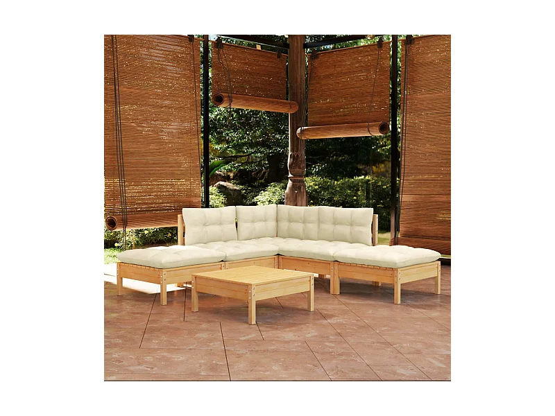 Set Salotto da Giardino 6 pz con Cuscini Crema Legno di Pino
