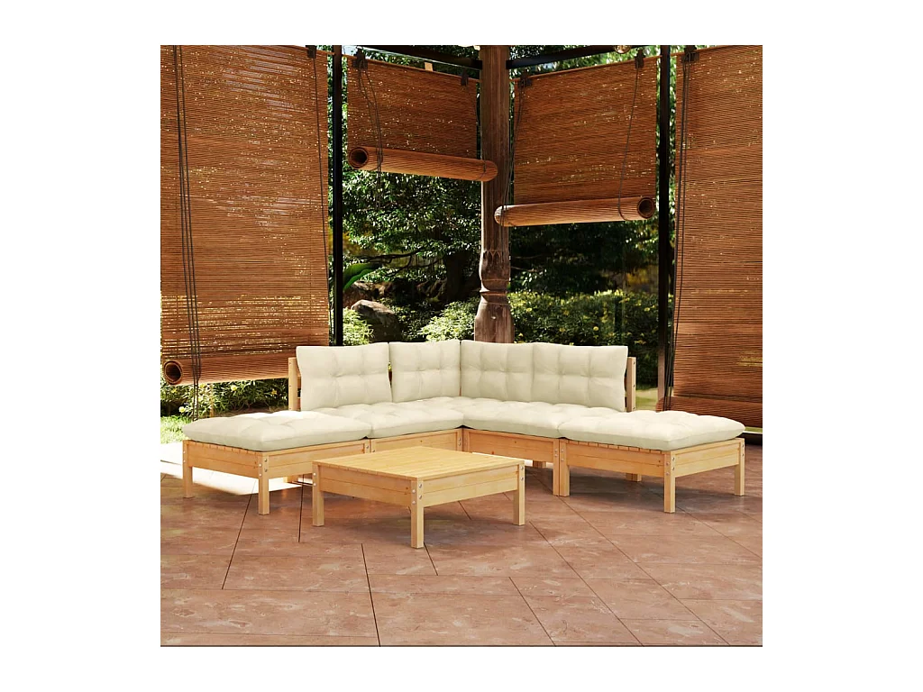 Salon de jardin 6 pcs avec coussins crème bois de pin