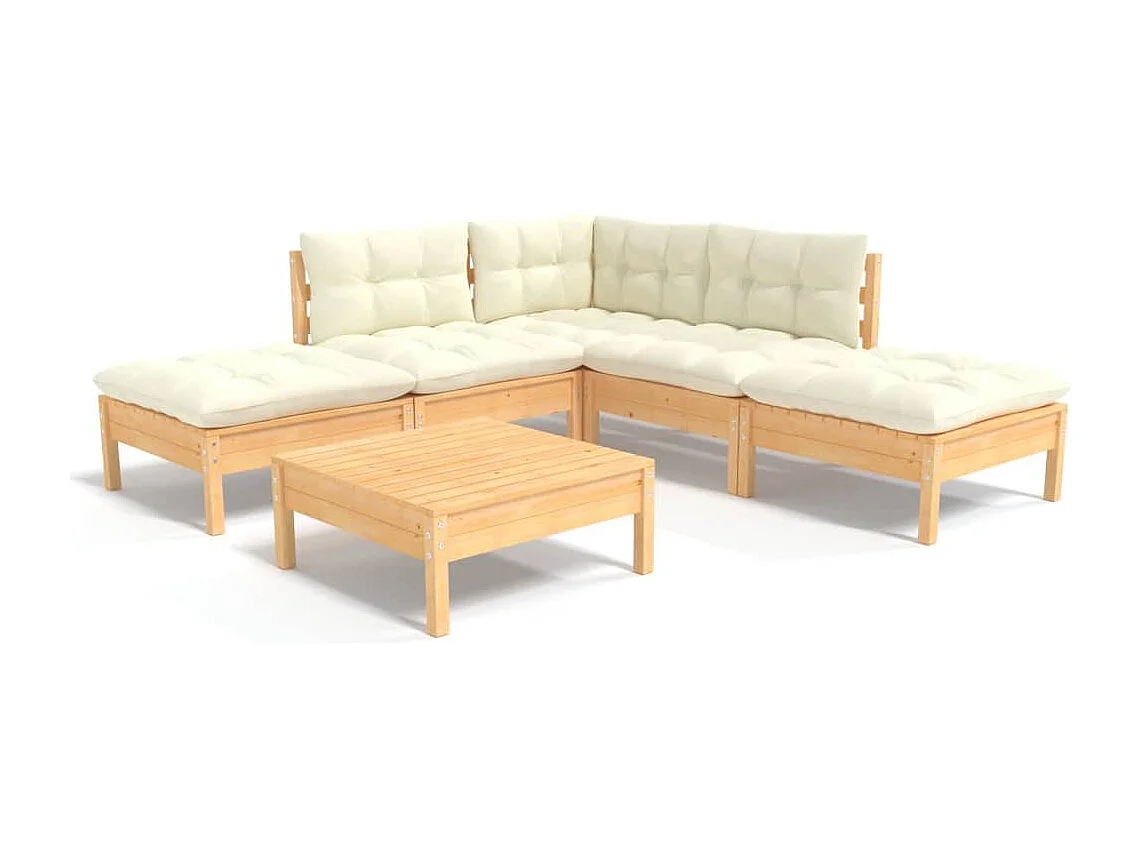 Salon de jardin 6 pcs avec coussins crème bois de pin