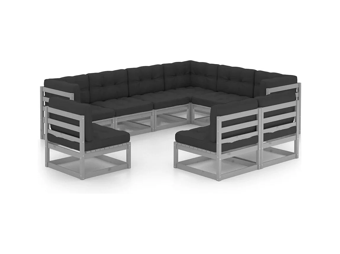 Salon de jardin 9 pcs avec coussins Gris Bois de pin massif