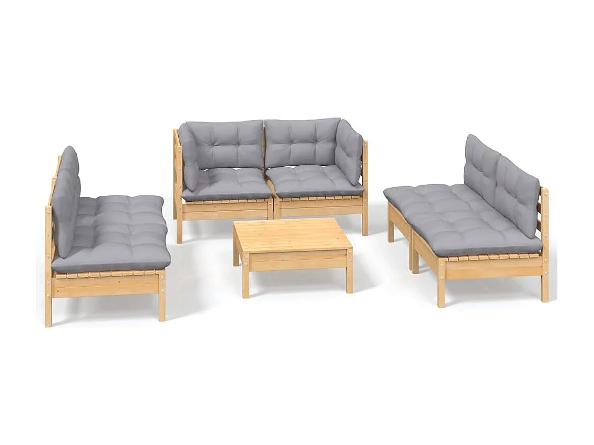 Salon de jardin 7 pcs avec coussins gris bois de pin massif