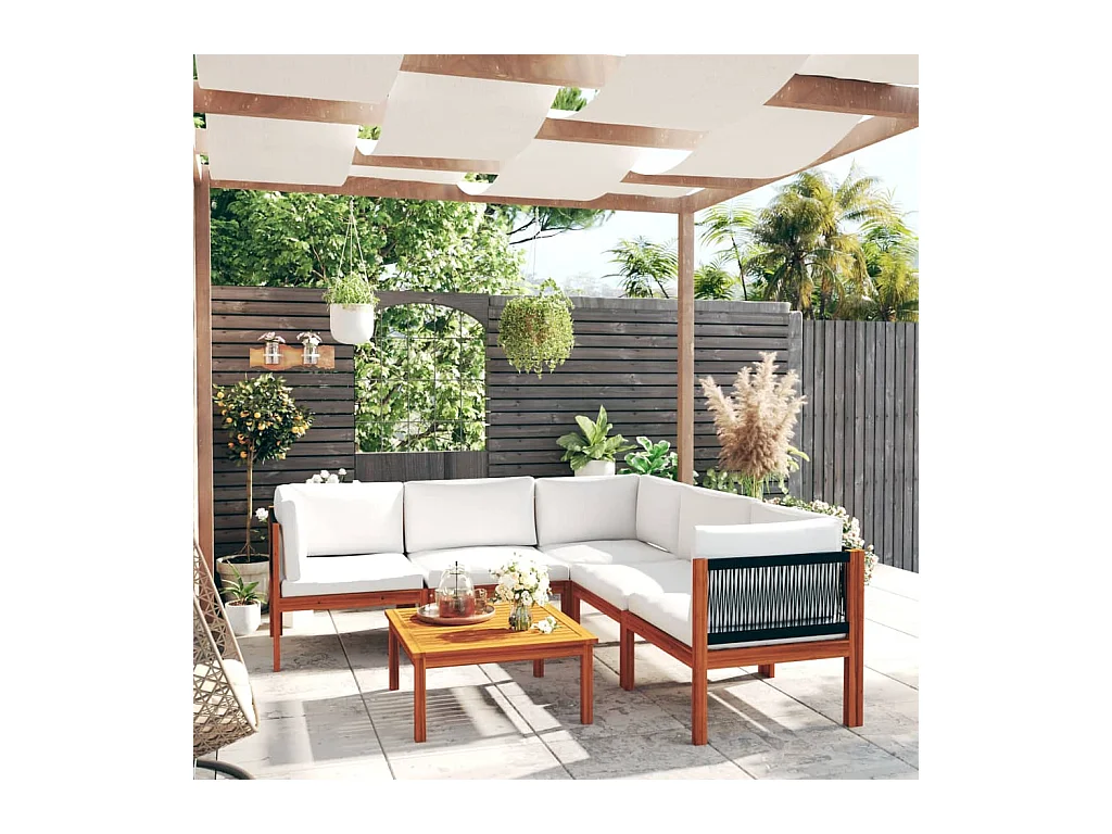 Salon de jardin 6 pièces avec coussins, bois d'acacia crème et corde