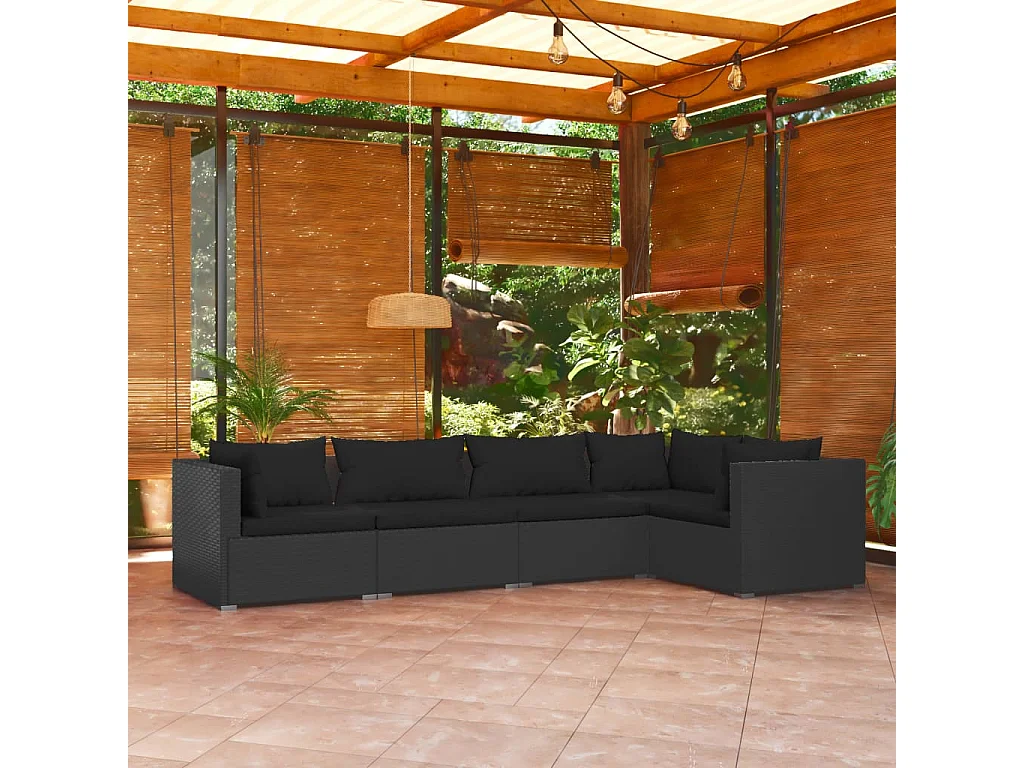 Salon de jardin 5 pcs avec coussins Résine tressée Noir