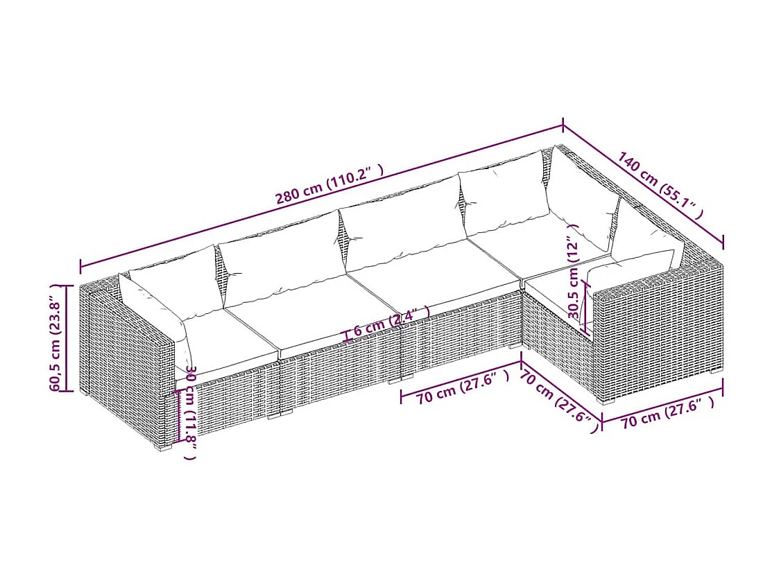 Salon de jardin 5 pcs avec coussins Résine tressée Noir