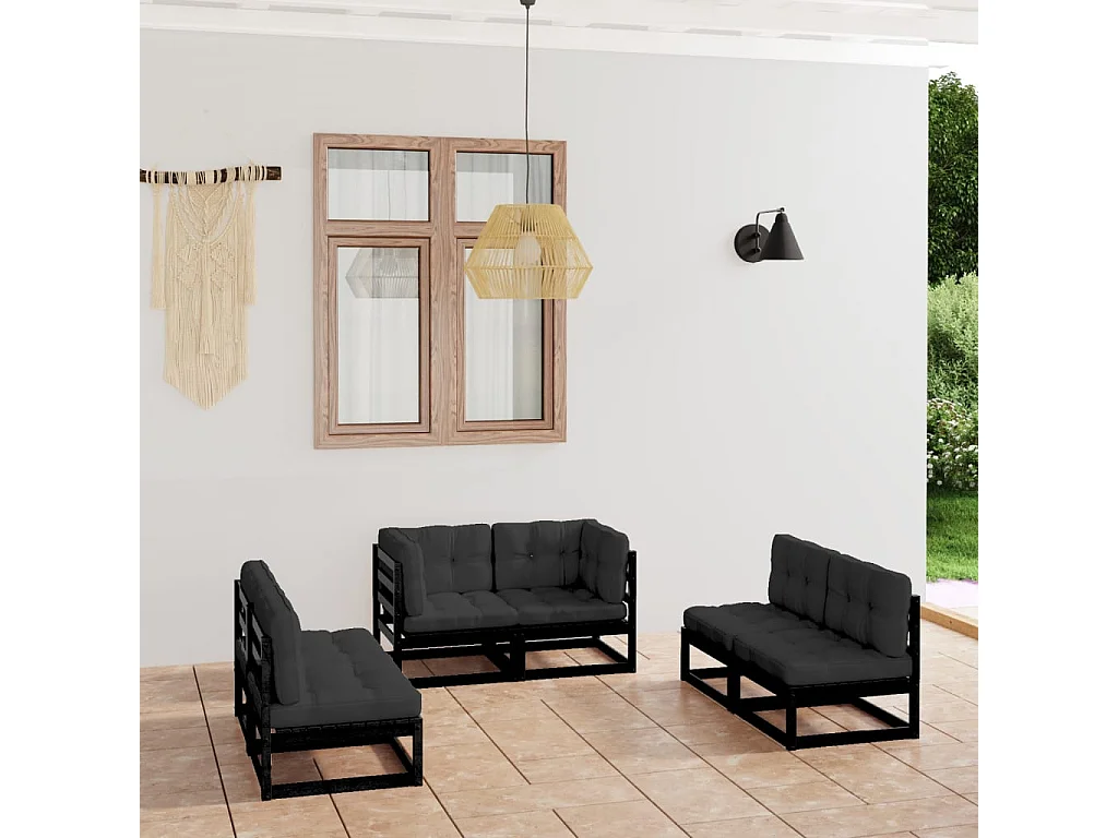 6 pcs conjunto longue de jardim c/ almofadões pinho maciço