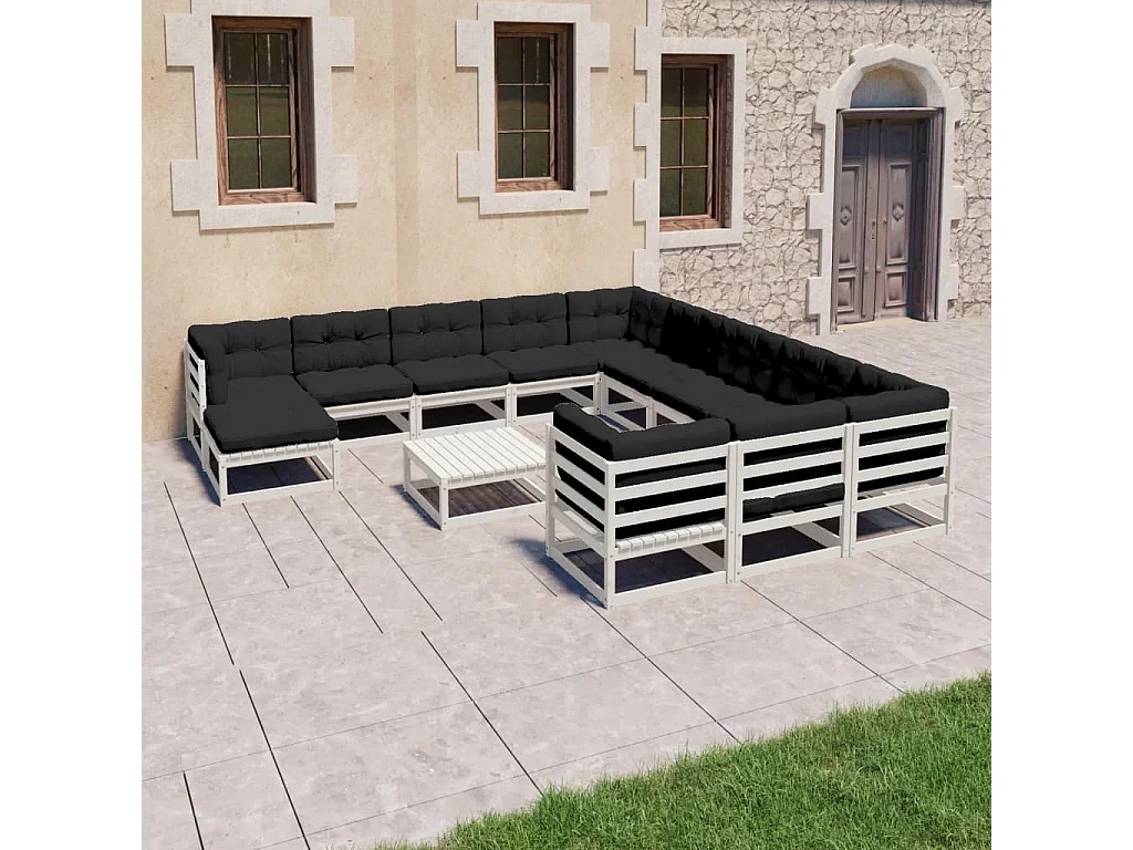 13-delige Loungeset met kussens massief grenenhout wit