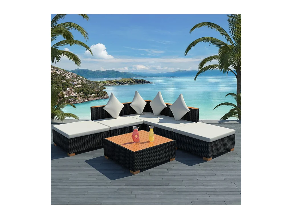 Salon de jardin 6 pcs avec coussins résine tressée noir