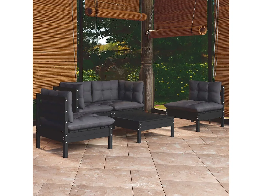 Set Divani da Giardino 5 pz con Cuscini Legno Massello di Pino