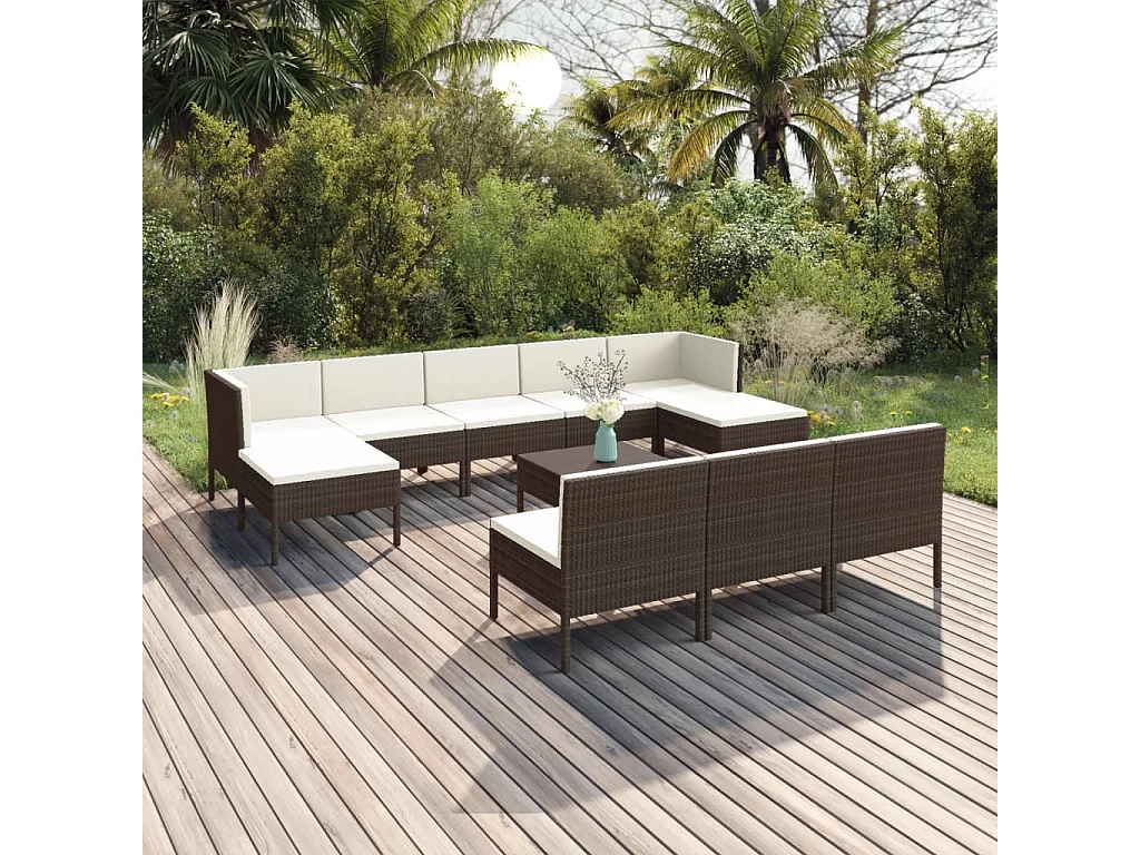 11-delige Loungeset met kussens poly rattan bruin