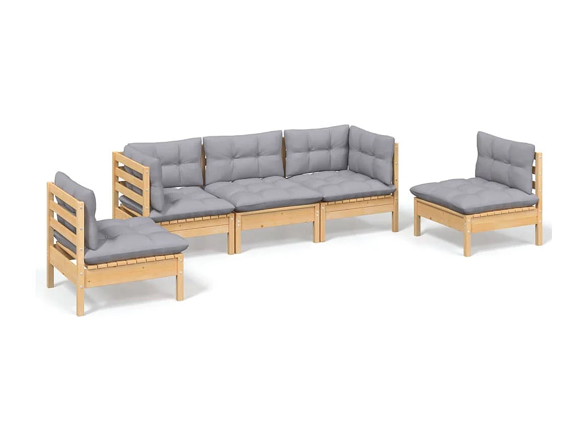 5-tlg. Garten-Lounge-Set mit Grauen Kissen Kiefer Massivholz