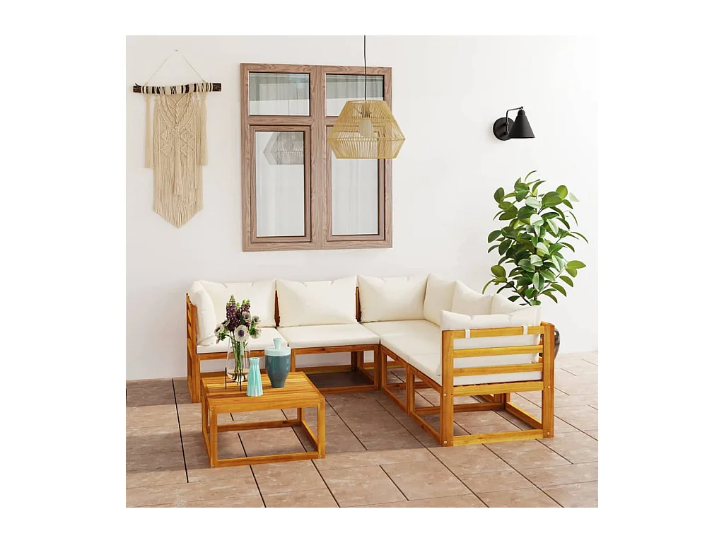 Salon de jardin 6 pcs avec coussin Crème Bois d'acacia solide