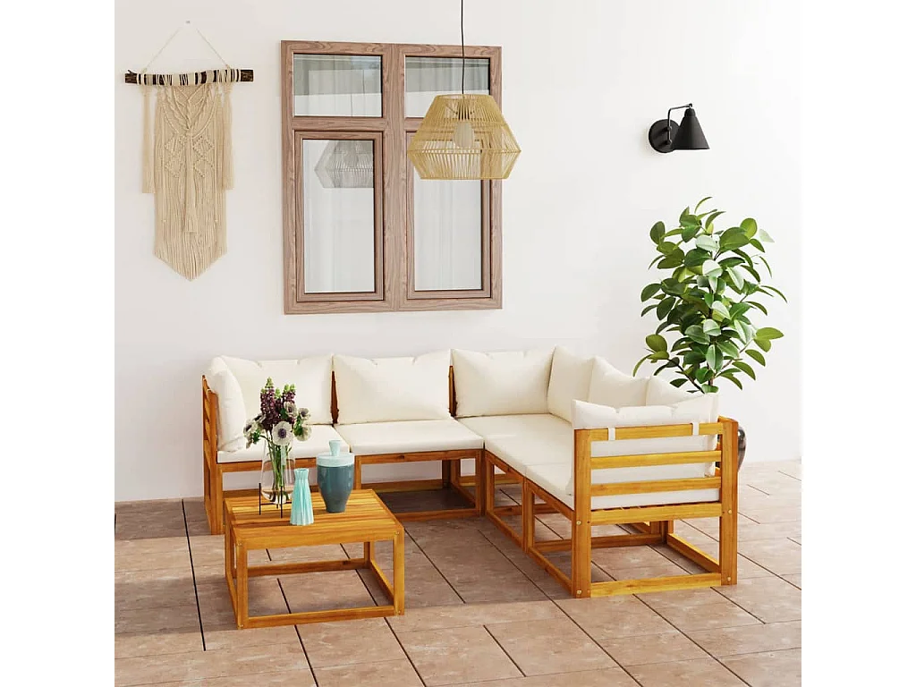Salon de jardin 6 pcs avec coussin Crème Bois d'acacia solide