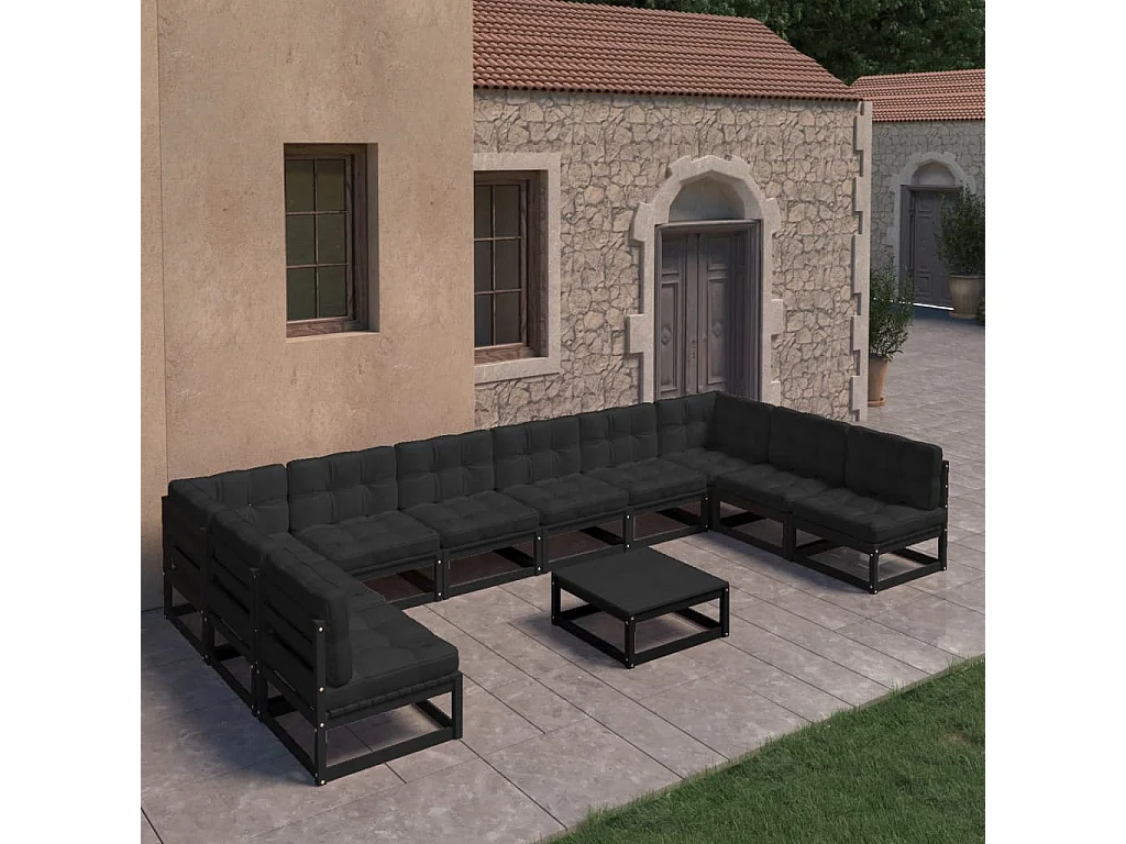 11-delige Loungeset met kussens massief grenenhout zwart