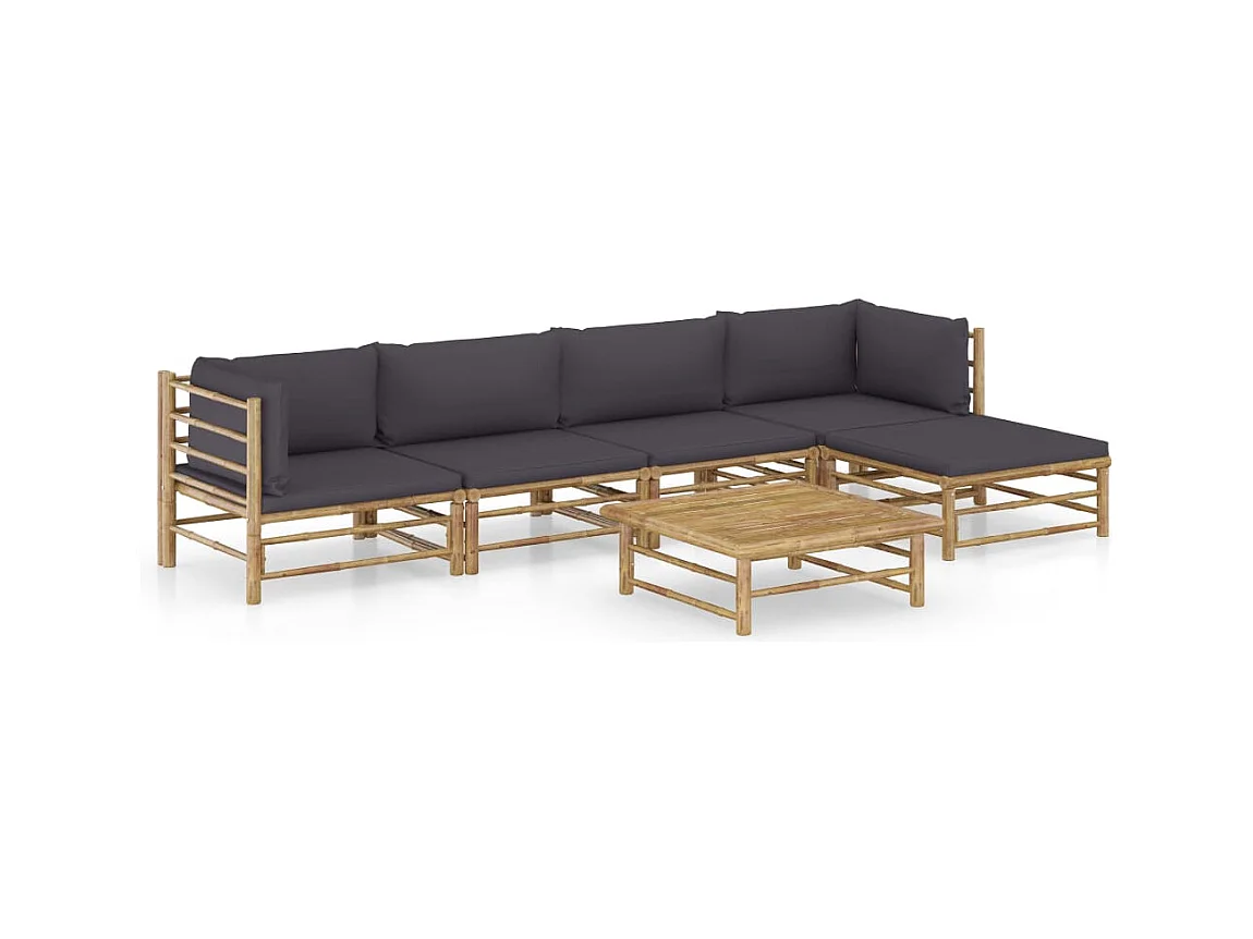 Salon de jardin 6 pcs avec coussins gris foncé bambou