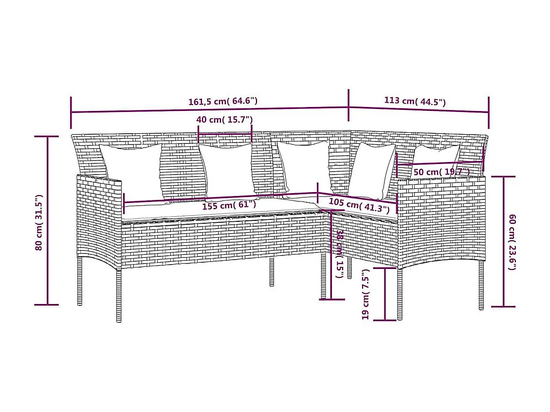 5-tlg. Sofagarnitur in L-Form mit Kissen Poly Rattan Braun