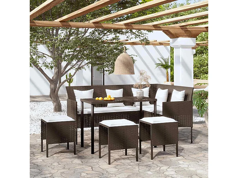 5-tlg. Sofagarnitur in L-Form mit Kissen Poly Rattan Braun