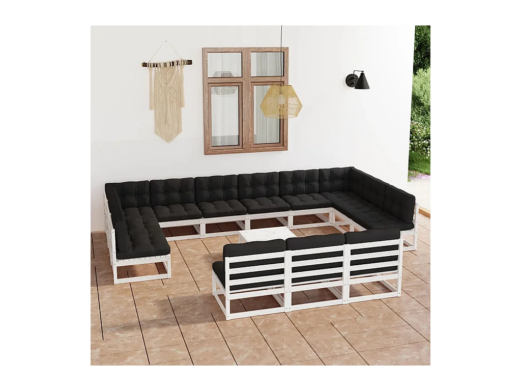 Set Divani da Giardino 14 pz Cuscini Bianchi Massello di Pino