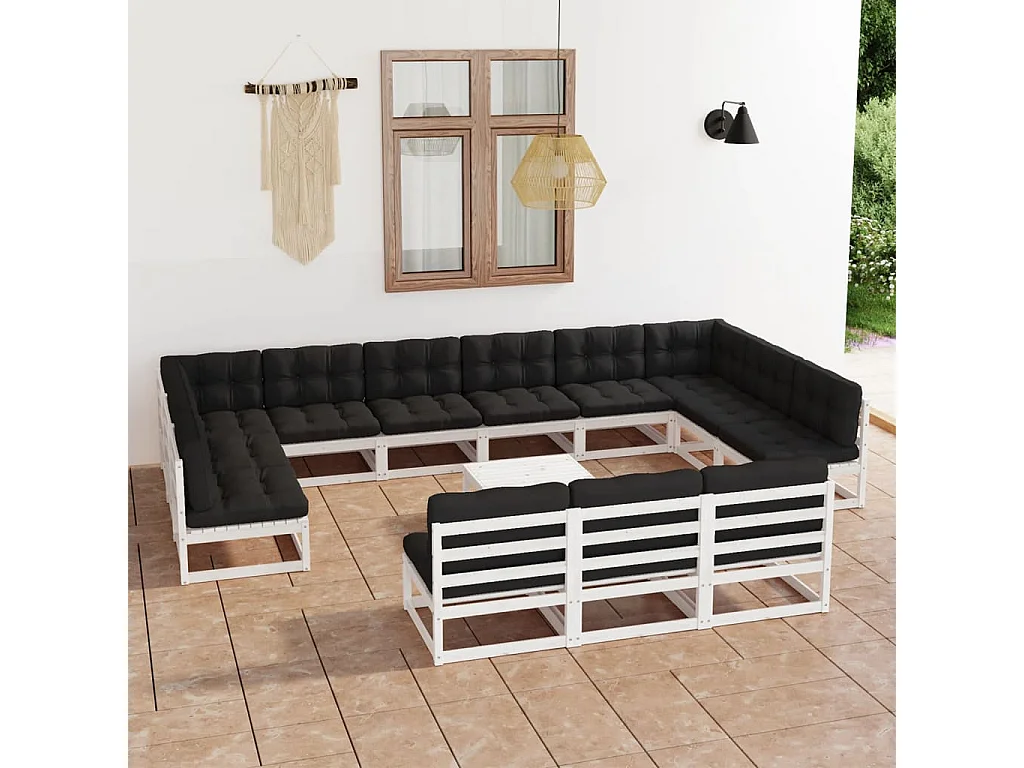 14-tlg. Garten-Lounge-Set mit Kissen Weiß Massivholz Kiefer