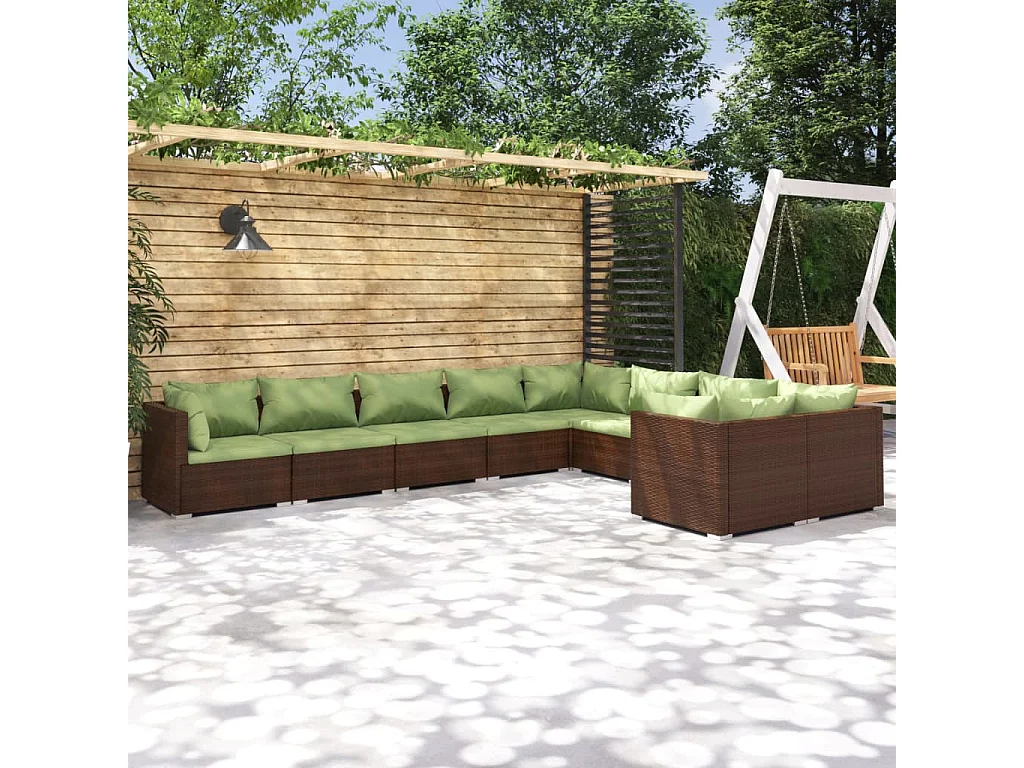 Salon de jardin 9 pcs avec coussins Résine tressée Marron