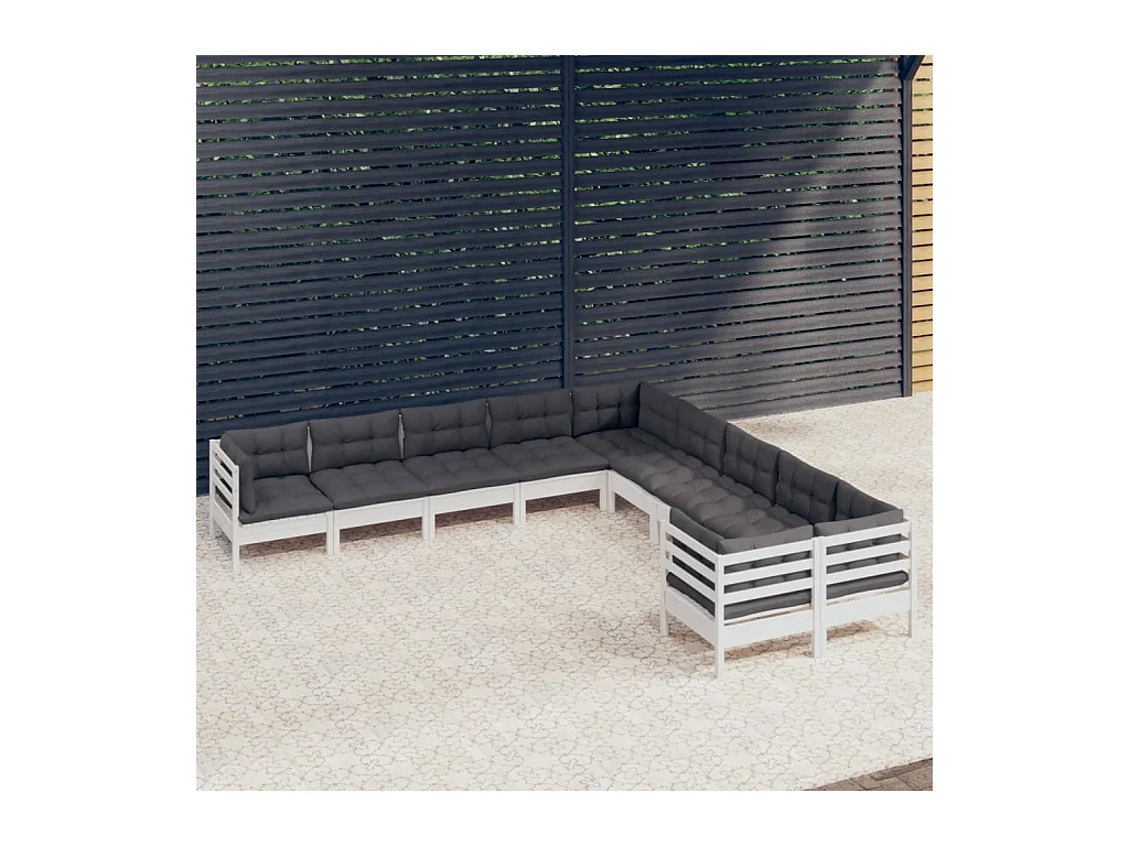 Set Divani da Giardino 10 pz con Cuscini Bianchi Legno di Pino