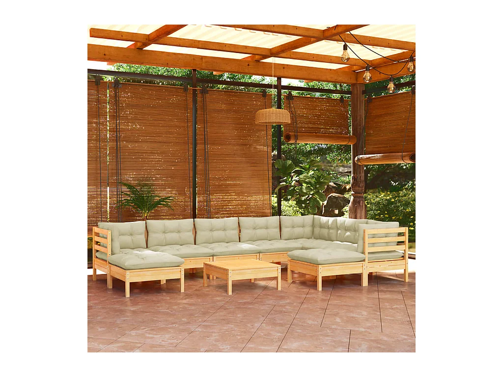 Salon de jardin 10 pcs avec coussins crème bois de pin massif