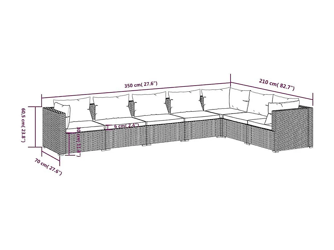 Set Divani da Giardino 7 pz con Cuscini in Polyrattan Marrone