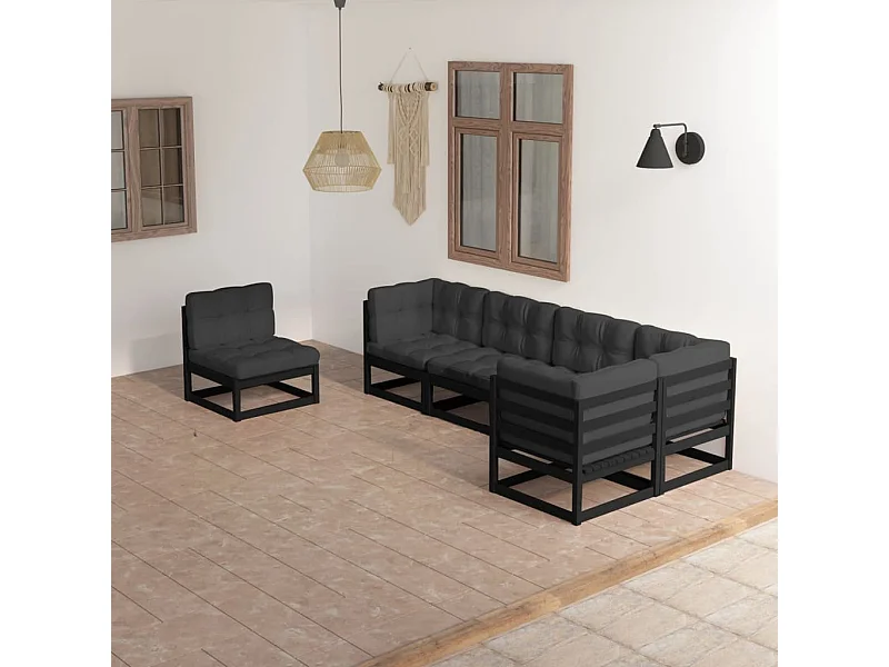 6 pcs conjunto longue de jardim c/ almofadões pinho maciço